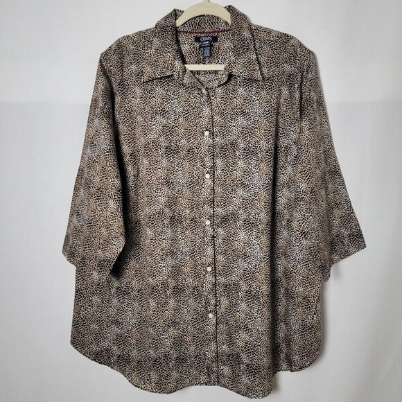 Chaps by Ralph Lauren Womens Leopard Cheetah Animal 3/4 Sleeves Button Up Top 2X - Picture 2 of 8